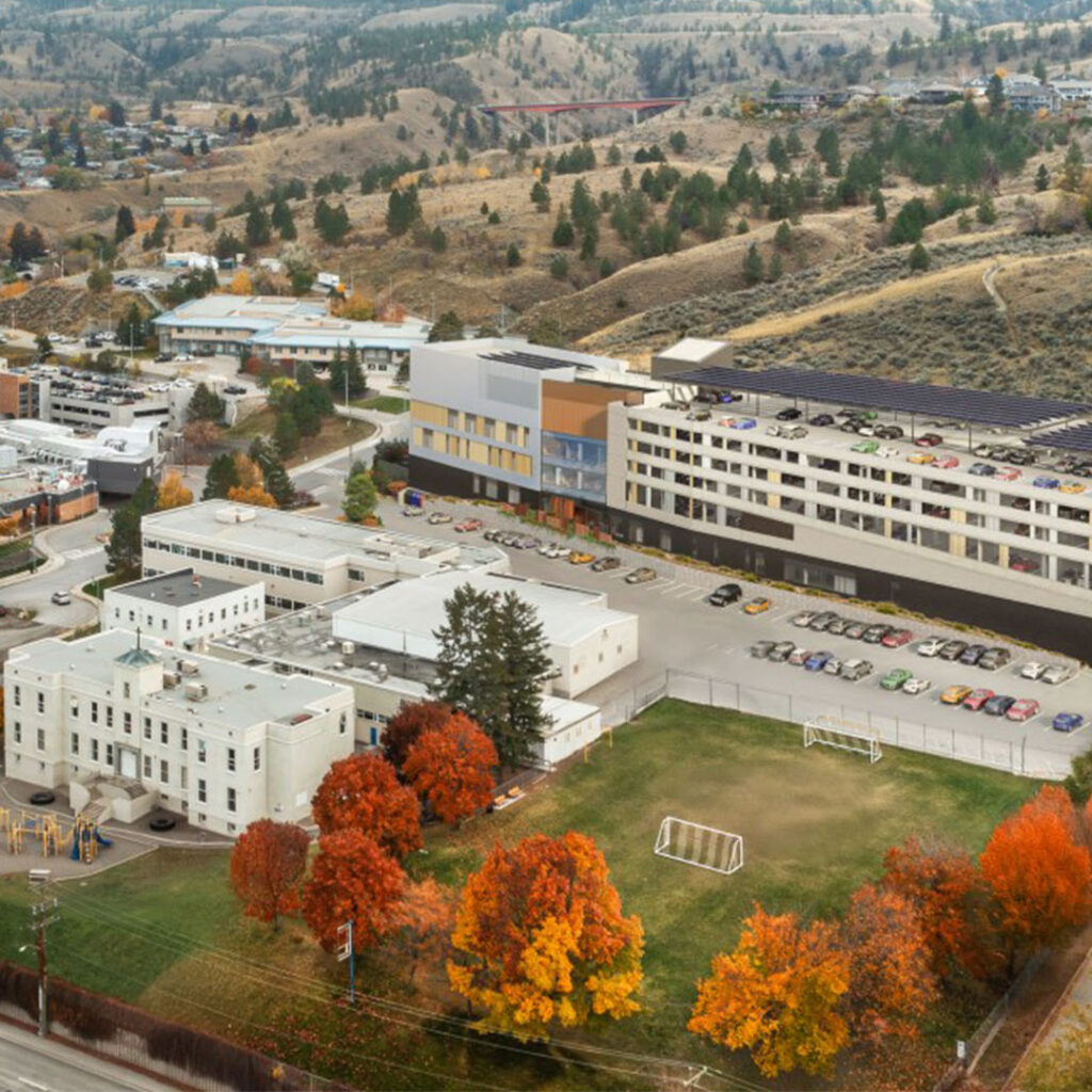 An aerial view of exterior rendering of the Kamloops Cancer Centre