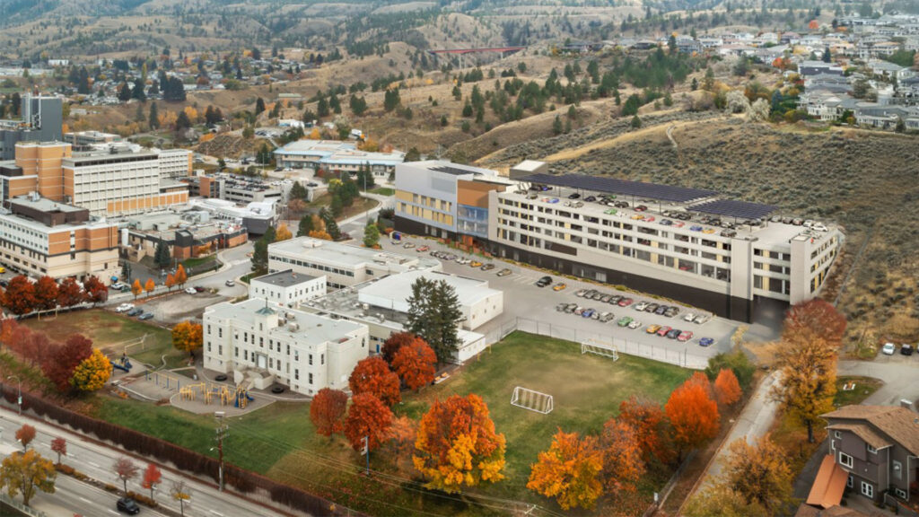 An aerial view of exterior rendering of the Kamloops Cancer Centre