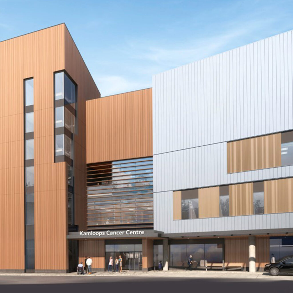 A project rendering of the main entry for the Kamloops Cancer Center